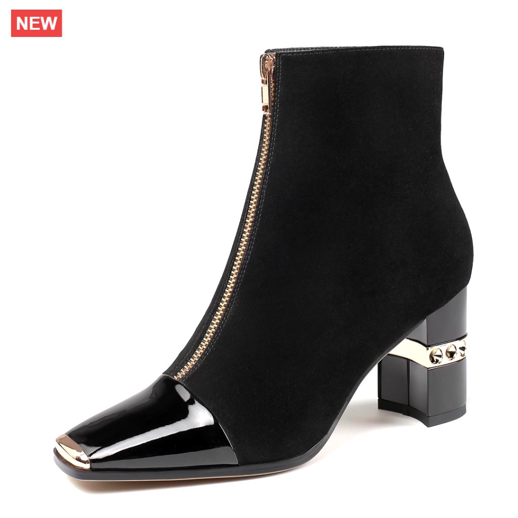 Women's Ankle Boots Chunky Heels Suede Metal Toe Zipper Dress Booties